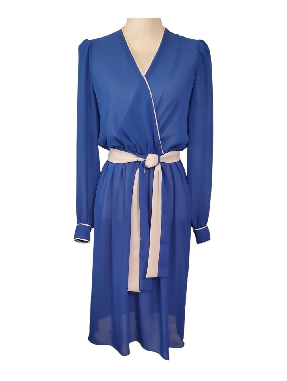 Liz Roberts Inc Vintage Royal Blue Midi Dress Long Sleeve Belted Wrap Size 12